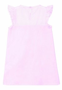 Ärmelloses pinkes Kleid mit Rüschen an den Schultern, Gingham-Muster im oberen Rückenbereich und einem Knopfverschluss am Halsausschnitt.