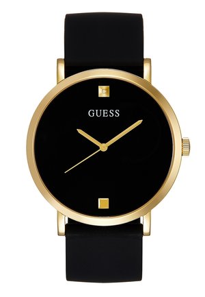 Black watch face with gold trim and hands, two square hour markers, black strap, and "GUESS" logo at 12 o'clock position.