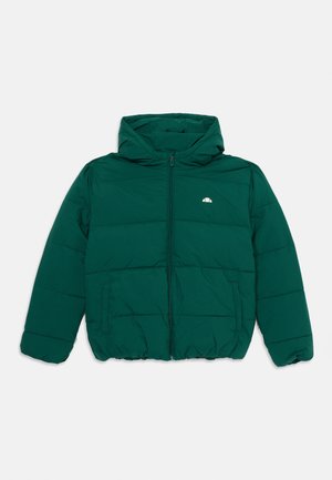Dark green hooded puffer jacket with front zipper and two side pockets, featuring a small white logo on the left chest.