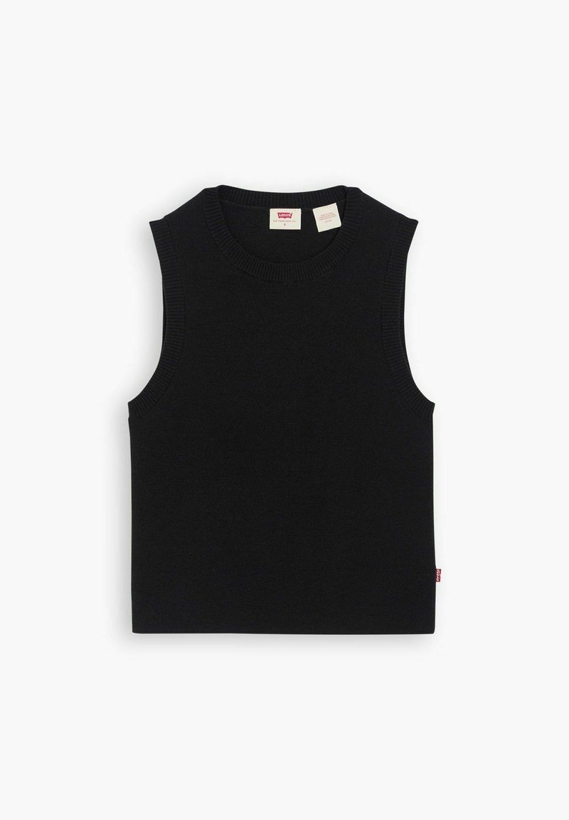 Top sin mangas de punto negro con cuello redondo, bordes acanalados y diseño minimalista. Presenta etiquetas de la marca en el interior del cuello.