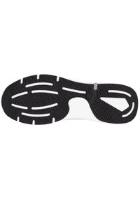 Černá gumová podrážka s texturovaným vzorem, s bílými akcenty. Obsahuje drážky pro trakci a hladkou střední část.