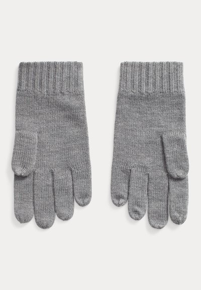Pilkai megzti pirštinės su raukiniais, turinčios penkis pirštų angas ir tekstūruotą audinį šilumai ir lankstumui.