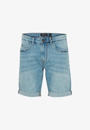 Heledad denim lühikesed püksid helesinises värvuses, millel on kulunud serv ja ülespööratud ääred. Omab viit taskut ja kontrastset õmblust õmbluste ääres.