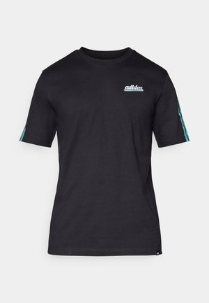 Black cotton t-shirt with short sleeves, round neckline, featuring turquoise adidas logo on chest and striped accents on sleeves.