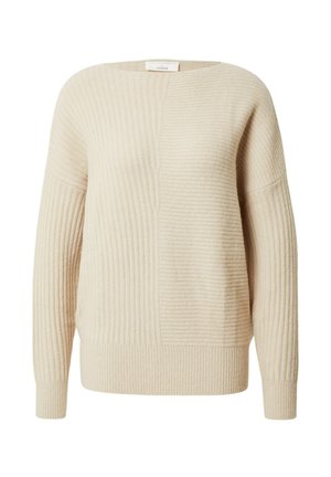 Cremefarbener, gerippter Strickpullover mit langen Ärmeln und einem dezenten vertikalen und horizontalen Rippenmuster.