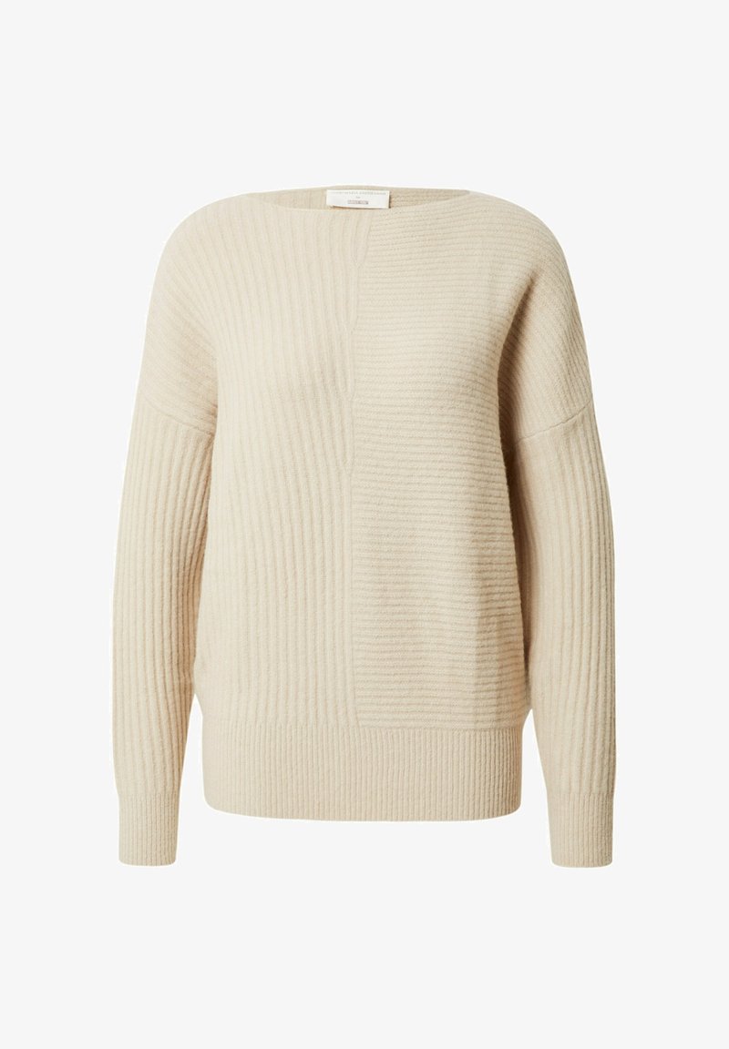 Pull en maille côtelée couleur crème avec manches longues et un motif côtelé subtil vertical et horizontal.