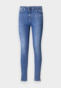 Smala jeans i medelblå denim med knappstängning fram, fem fickor och dragkedjor vid anklarna. Slät yta och figurnära passform.