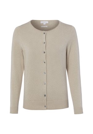Cardigan beige a maniche lunghe con scollo rotondo e chiusura davanti con bottoni, realizzato in tessuto a maglia fine.