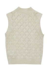Gilet senza maniche lavorato a maglia in beige chiaro con un motivo a diamante testurizzato, caratterizzato da un colletto rotondo a coste e un orlo dritto.