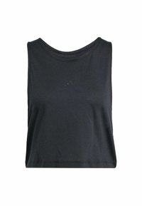 Čierny bezrukávový crop top vyrobený z mäkkého materiálu. Má zaoblený výstrih a jemné logo vpredu. Čistý, minimalistický dizajn.