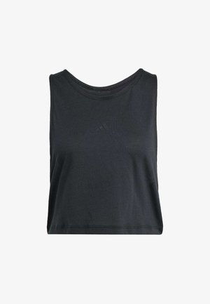 Zwarte mouwloze crop top gemaakt van zachte stof. Heeft een ronde halslijn en een subtiel logo aan de voorkant. Schoon, minimalistisch ontwerp.