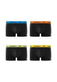 Quatre caleçons boxer pour hommes noirs avec des ceintures de couleur bleu, orange, vert clair et jaune, chacun arborant le logo Umbro.