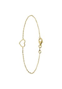 Pulsera de oro con una delicada cadena; presenta un charm en forma de corazón y un cierre de langosta para un cierre seguro.