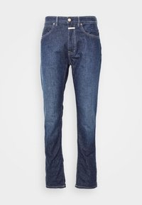 Mörkblå denimjeans med rak passform, som har knappgylft, fem fickor och vita sömsdetaljer. Tyget har en texturerad yta.