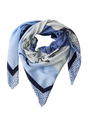 Foulard en soie bleu et gris clair avec des lettres noires et une bordure à pois foncés, plié en forme triangulaire lâche.
