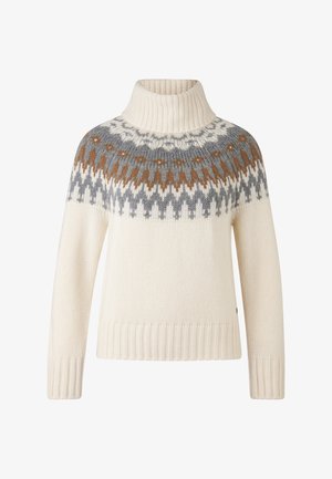 Strikket sweater med høj hals. Crèmefarvet bund med et geometrisk mønster i grå og rust på den øverste halvdel. Ribbet manchetter og kant.