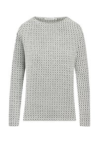 Langärmliger Strickpullover mit einem schwarz-weißen Zickzackmuster und rundem Ausschnitt.