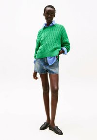 Pull en tricot vert, chemise rayée bleue en dessous, shorts en denim et chaussures noires à enfiler. Le modèle pose sur un fond blanc.