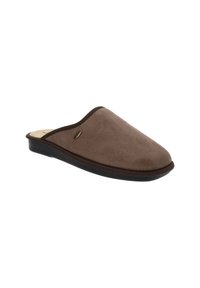 Pantofola in suede marrone, con punta rotonda e bordo scuro. Dotata di soletta imbottita e suola nera texturizzata per una migliore aderenza.