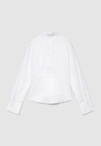 White long-sleeve shirt with a smooth satin finish, traditional collar, and buttoned cuffs. Back features dart seams for a tailored fit.