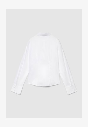 Camicia bianca a maniche lunghe con finitura satinata liscia, colletto tradizionale e polsini con bottoni. La parte posteriore presenta cuciture a pince per una vestibilità sagomata.