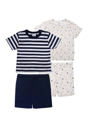 Three-piece children's clothing set: striped navy and white short-sleeve top, cream top with sailboat print, and navy shorts. Cotton fabric.