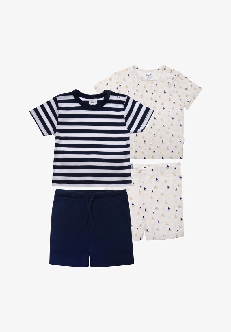 Three-piece children's clothing set: striped navy and white short-sleeve top, cream top with sailboat print, and navy shorts. Cotton fabric.