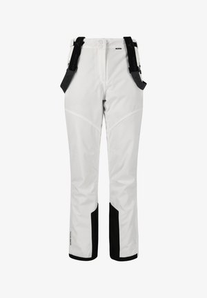 White waterproof ski pants with black accents, adjustable straps, and reinforced lower legs. Features smooth texture and ergonomic design.