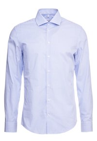 Hellblau gestreiftes Button-Up-Hemd mit langen Ärmeln und klassischem Kragen. Weiße Knöpfe und kontrastierende Streifen. Material aus Baumwollmischung.