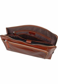 Leather laptop bag, brown, with multiple compartments and zip closures. Interior features a smooth, darker lining. Lightweight design.