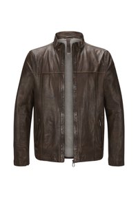 Braune Lederjacke mit hohem Kragen, Reißverschluss vorne und zwei seitlichen Taschen. Sie zeichnet sich durch eine glatte Textur und ein minimalistisches Design aus.