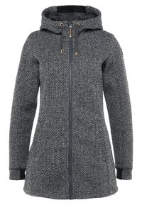 Uldblandingsfrakke i sort og grå med lynlås foran, hætte, struktureret stof og kontraststrikkede manchetter for ekstra varme.