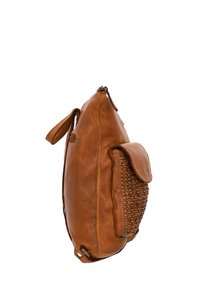 Brown leather backpack with woven front pocket and zipper closure, shown from side on white background.