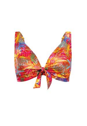 Jasny, wielokolorowy top od bikini z kwiatowymi i abstrakcyjnymi wzorami, wyposażony w przedni węzeł do zawiązywania i regulowane paski na ramiona.