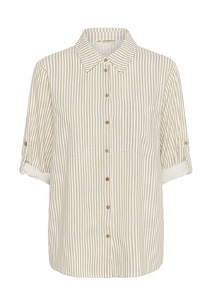 Button-up shirt in beige and cream stripes, lightweight fabric, short rolled sleeves, front pocket detail, wooden buttons.