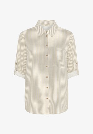Košulja na dugmad u bež i krem prugama, lagani materijal, kratki rolani rukavi, detalj prednje džepa, drvene dugmadi.
