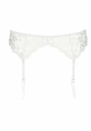 White lace garter belt featuring floral patterns, scalloped edges, and adjustable satin straps. Material has a delicate, textured appearance.