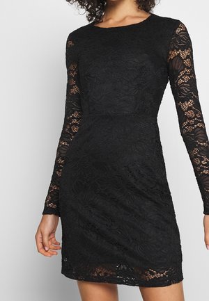 Schwarzes Spitzenkleid mit langen Ärmeln, tailliertem Schnitt, floralen Mustern und strukturiertem Finish. Runder Ausschnitt und Länge bis zur Mitte des Oberschenkels.