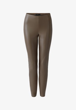 Brown high-waisted, slim-fit faux leather pants with knee seam detail, displayed against a white background.