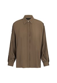 Camicia verde oliva a maniche lunghe realizzata in tessuto leggero, con colletto classico, chiusura frontale con bottoni e maniche arricciate con dettagli sottili.