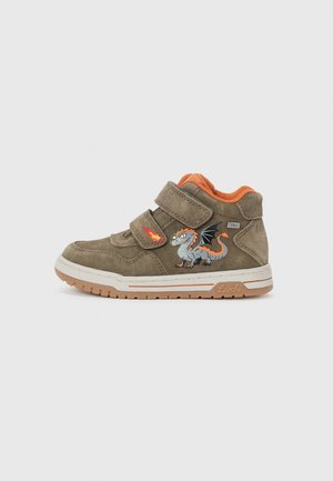 Brown suede high-top sneakers with two Velcro straps, orange lining, and a colorful dragon graphic on the outer side. Rubber outsole.