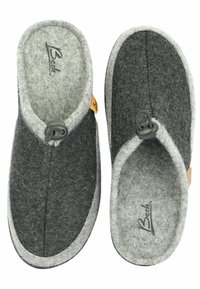 Grijze gevoerde slippers met een twee-tonen ontwerp, met een donkergrijze bovenkant en een lichtgrijze voering, uitgerust met een eenvoudige sluiting en logo-detail.