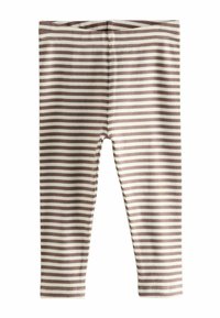 Gestreifte Leggings in Beige und Braun aus rippenartigem Stoff. Sie verfügen über einen elastischen Bund und kontrastierende Nähte entlang der Nähte.