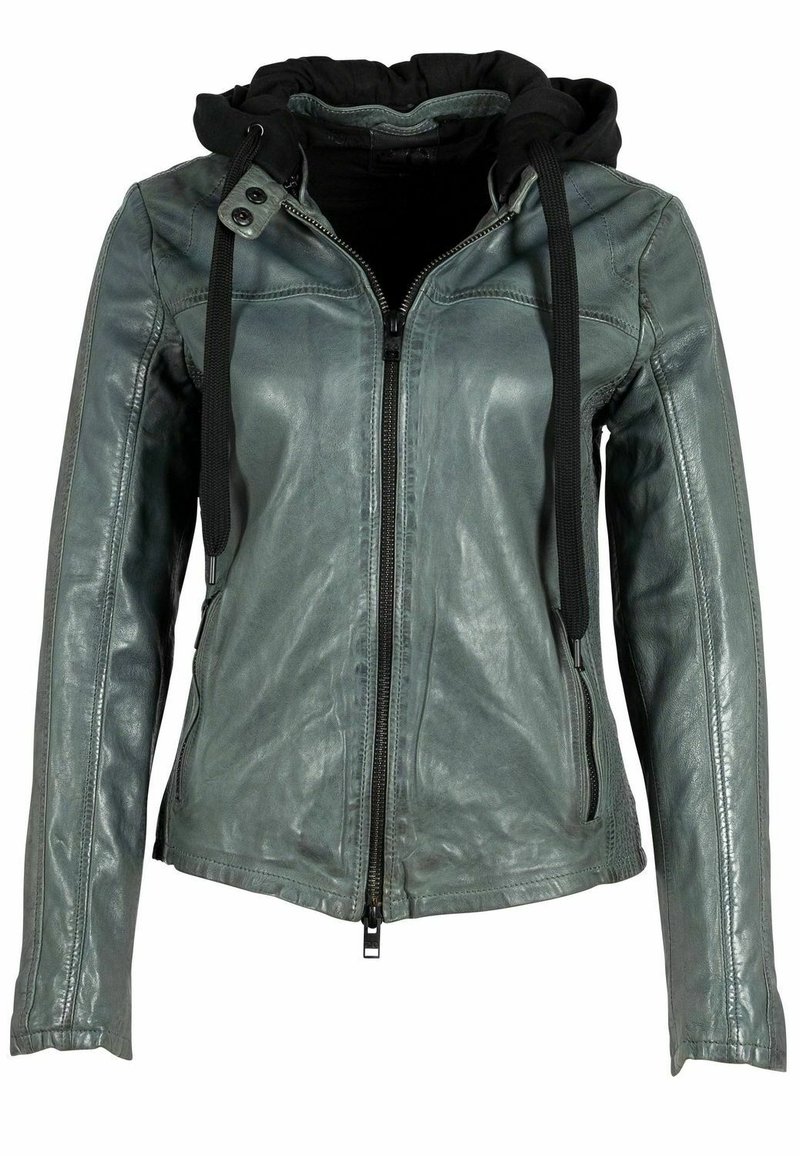 Green leather jacket with a black hood, front zip closure, two side pockets, and textured finish. Features drawstrings at the hood.