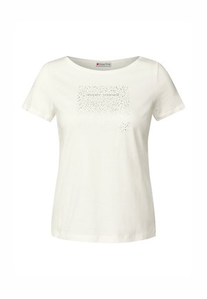 Hvid bomuld t-shirt med rund hals og korte ærmer. Har et subtilt grafisk motiv med teksten "inspirer dig selv" i punkteret mønster.