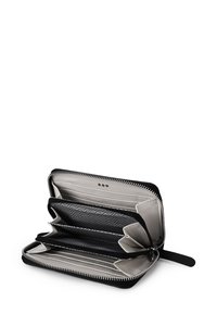 Zippered wallet in black and gray, featuring multiple compartments, zigzag pattern interior, smooth texture, and silver hardware accents.