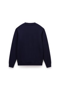 Felpa blu navy con scollo rotondo, maniche lunghe e polsini e orlo a costine. Tessuto di cotone liscio, design semplice, senza grafiche o accenti.