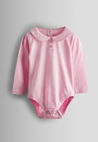 Rózsaszín, hosszú ujjú baba body Peter Pan gallérral, három elülső gombbal és patentos záródással az alján. Puha pamutből készült.