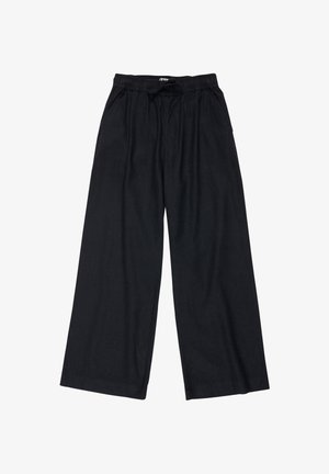 Pantalon noir à jambes larges avec taille élastique et cordelette à l'avant, doté de poches latérales, posé à plat sur un fond blanc.