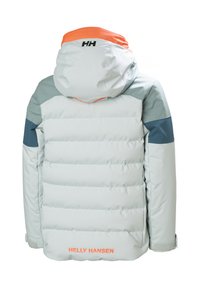 Padded jacket v světlé šedé barvě s oranžovými akcenty, s kapucí a elastickými manžetami, s nápisem "HELLY HANSEN" v jasně oranžové na zadní straně.